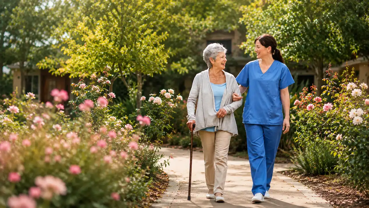 A caregiver walking with a senior woman along a garden path